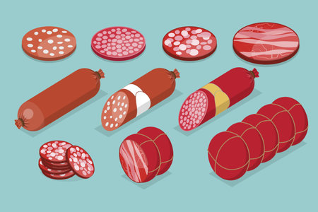 3D Isometric Flat Vector Set of Sausages and Meat Products, Butcher Store Productionのイラスト素材