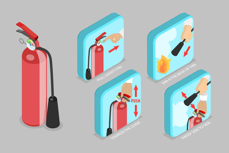 3D Isometric Flat Vector Conceptual Illustration of How To Use A Fire Extinguisher, Safety Manualのイラスト素材