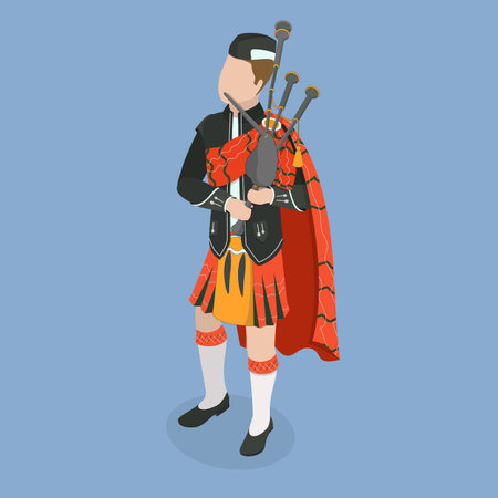 3D Isometric Flat Vector Icon of Scottish Bagpiper, Character in National Clothesのイラスト素材