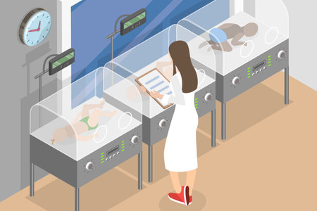 3D Isometric Flat Vector Conceptual Illustration of Neonatologist, Hospital Preterm Baby Incubatorのイラスト素材