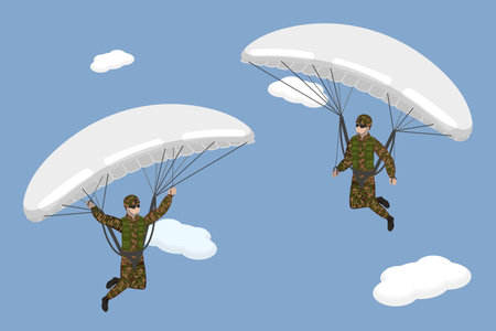 3D Isometric Flat Vector Conceptual Illustration of Paratroopers, Skydivers in Khaki Military Uniformのイラスト素材