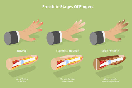 3D Isometric Flat Vector Conceptual Illustration of Frostbite Stages Of Fingers, Frozen Handsのイラスト素材