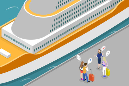 3D Isometric Flat Vector Conceptual Illustration of Cruise Travelling, Passengers with Baggage Walking in Deckのイラスト素材