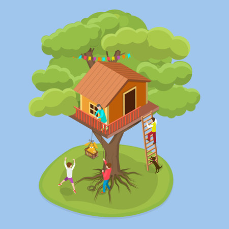 3D Isometric Flat Vector Conceptual Illustration of Treehouse, Home on Branches with Laddersのイラスト素材