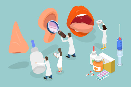 3D Isometric Flat Vector Conceptual Illustration of Otolaryngologist, ENT Doctor Treating Diseases of Ear, Nose, Throat and Neckのイラスト素材