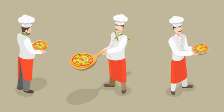 3D Isometric Flat Vector Conceptual Illustration of Italian Chef, Freshly Baked Pizzaのイラスト素材