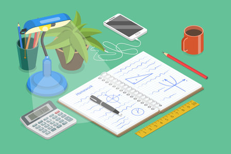 3D Isometric Flat Vector Conceptual Illustration of Doing Homework, Studying Studentのイラスト素材