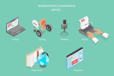 3D Isometric Flat Vector Conceptual Illustration of International Examination Service, English Proficiency Test and Examのイラスト素材