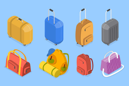 3D Isometric Flat Vector Set of Travel Luggage Types, Journey and Adventure Baggageのイラスト素材