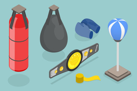 3D Isometric Flat Vector Set of Boxing Equipment Items, Professional Fighting Sport Accessoriesのイラスト素材