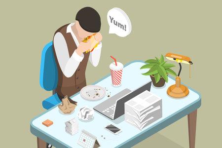 3D Isometric Flat Vector Conceptual Illustration of Lunch, Busy Employees Mealのイラスト素材