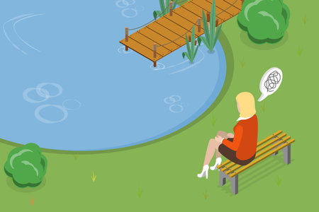 3D Isometric Flat Vector Conceptual Illustration of Bench Thinking, Lonely Personのイラスト素材