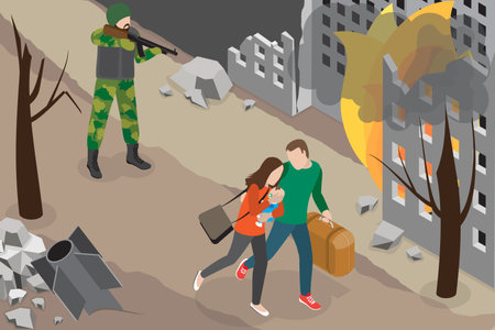 3D Isometric Flat Vector Conceptual Illustration of Military Invasion, Bombing Cityのイラスト素材