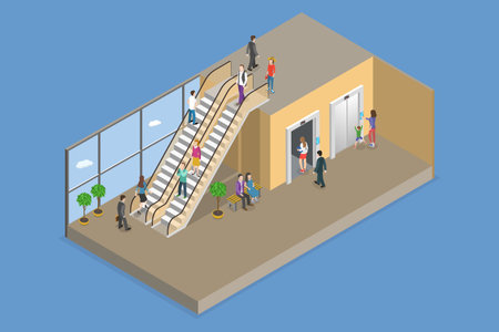 3D Isometric Flat Vector Conceptual Illustration of Escalator And Elevator, Carrying People Between Floors of a Buildingのイラスト素材