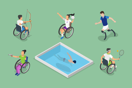 3D Isometric Flat Vector Set of Disabled Sportsmen, Athletes with Physical Disabilitiesのイラスト素材