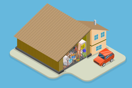 3D Isometric Flat Vector Conceptual Illustration of Overfilled Garage, Spring Cleaningのイラスト素材