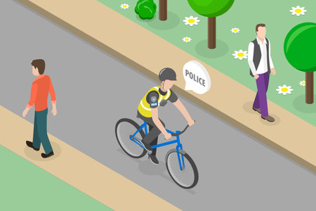 3D Isometric Flat Vector Conceptual Illustration of Bike Police, Officer Riding Bike in City Parkのイラスト素材