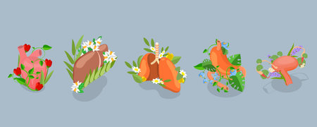 3D Isometric Flat Vector Set of Human Organs With Flowers, Floral Internal Anatomyのイラスト素材