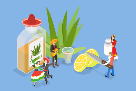 3D Isometric Flat Vector Set of Tequila, Mexican Alcohol Drinkのイラスト素材