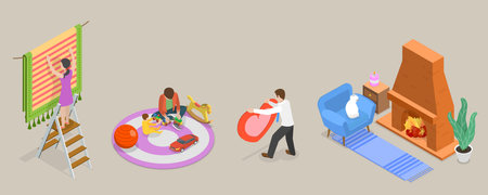 3D Isometric Flat Vector Conceptual Illustration of Carpets, Different Shapes, Designs and Colorsのイラスト素材