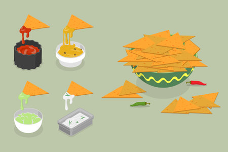 3D Isometric Flat Vector Set of Nachos, Mexican Tortilla Chips with Saucesのイラスト素材