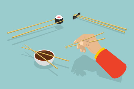 3D Isometric Flat Vector Conceptual Illustration of How To Use Chopsticks, Oriental Cuisineのイラスト素材