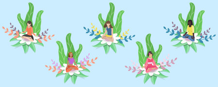 3D Isometric Flat Vector Conceptual Illustration of Wellbeing, Meditation Practiceのイラスト素材