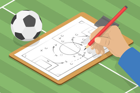 3D Isometric Flat Vector Conceptual Illustration of Football Game Tactics, Scheme for Training a Soccer Teamのイラスト素材