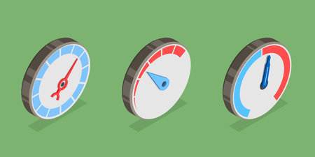 3D Isometric Flat Vector Set of Meter Set, Gauges, Dashboards or Indicators