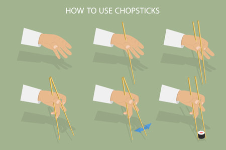 3D Isometric Flat Vector Conceptual Illustration of How To Use Chopsticks, Oriental Cuisineのイラスト素材