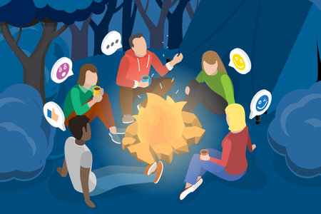 3D Isometric Flat Vector Conceptual Illustration of Campfire Story, Camping and Storytellingのイラスト素材