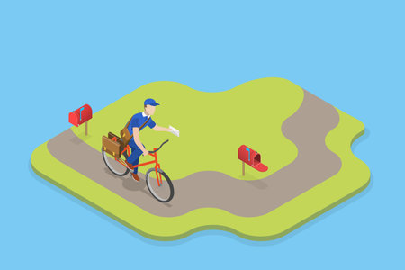 3D Isometric Flat Vector Conceptual Illustration of Mailman, Postman on the Bikeのイラスト素材