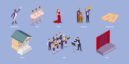 3D Isometric Flat Vector Set of Opera Scenes, Theater and Entertainmentのイラスト素材