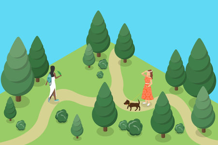 3D Isometric Flat Vector Conceptual Illustration of Walking In Forest, Summer Nature Landscapesのイラスト素材
