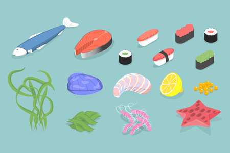 3D Isometric Flat Vector Set of Seafoods, Delicious Food for Gourmetsのイラスト素材
