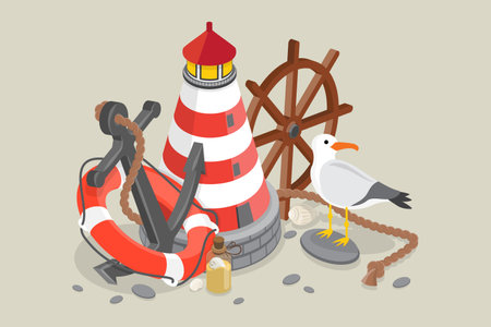 3D Isometric Flat Vector Conceptual Illustration of Marine Life, Seafaring Elementsのイラスト素材