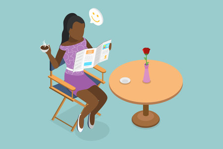 3D Isometric Flat Vector Conceptual Illustration of Enjoying Reading A Newspaper, Everyday Ritualのイラスト素材