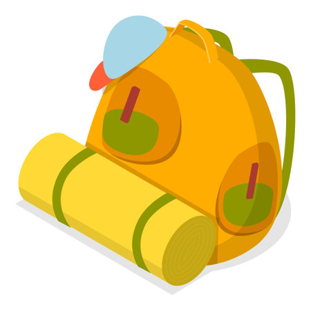 3D Isometric Flat Vector Set of Traveler Camp Knapsacks, Tourist Bag with Accessories. Item 2のイラスト素材