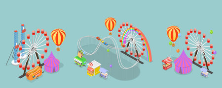 3D Isometric Flat Vector Set of Amusement Parks, Observation Wheel, Roller Coasterのイラスト素材