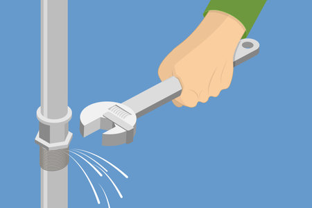 3D Isometric Flat Vector Illustration of Professional Plumber, Fixing Leak of Water Pipeのイラスト素材