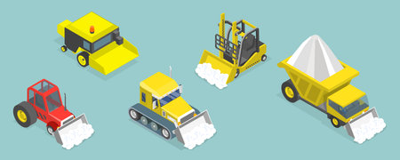 3D Isometric Flat Vector Set of Different Snowplows, Snow Removal Vehiclesのイラスト素材