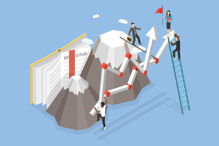 3D Isometric Flat Vector Illustration of Goal Achievement, Group People is Climbing a Mountainのイラスト素材