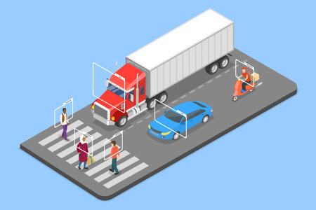 3D Isometric Flat Vector Illustration of Vehicle Recognition, Artificial Intelligence Technologyのイラスト素材