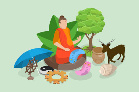 3D Isometric Flat Vector Illustration of Traditional Spiritual Indian Symbols, Buddhism and Yogaのイラスト素材