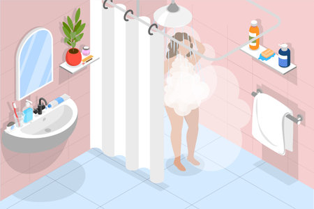3D Isometric Flat Vector Illustration of Everyday Hygiene Procedure, Woman Washing at Bathのイラスト素材