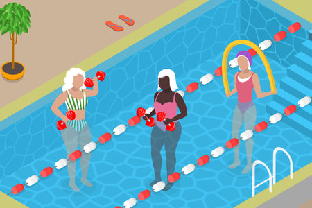 3D Isometric Flat Vector Illustration of Seniors Swimming in a Pool, Hydrotherapyのイラスト素材