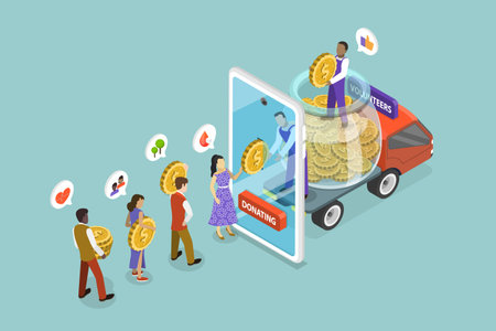 3D Isometric Flat Vector Illustration of Donating To Charitable Organization , People Giving for Helpのイラスト素材