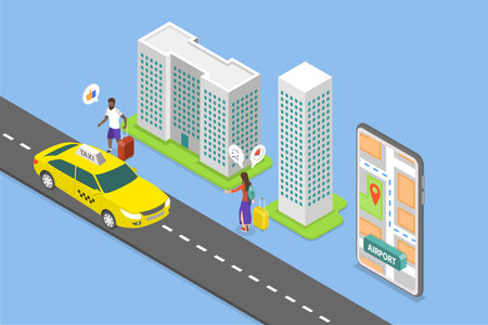 3D Isometric Flat Vector Illustration of Transport To Airport, Taxi Orderingのイラスト素材