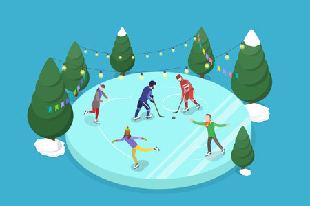 3D Isometric Flat Vector Illustration of Family Skating And Playing Hockey, Winter Sport Activitiesのイラスト素材