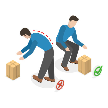 3D Isometric Flat Vector Illustration of How To Carry Heavy Goods, Safe and Incorrect Weights Lifting. Item 3のイラスト素材